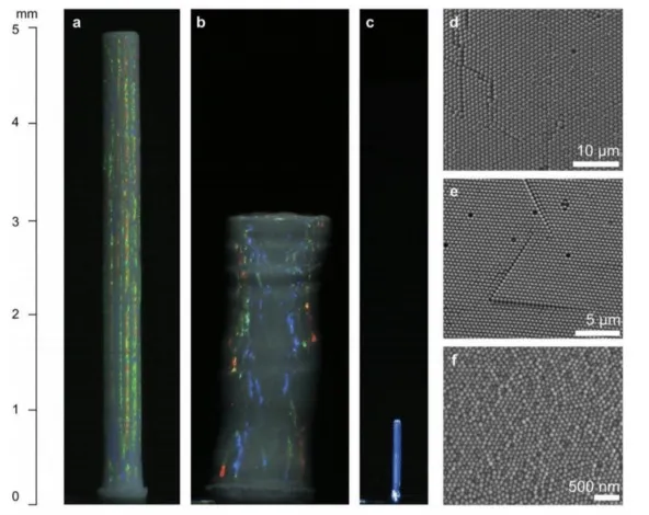 Optical and scanning electric microscopy images of structures built by direct-write colloidal  assembly.