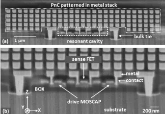 Fig. 1: (a) Cross-section SEM of a CMOS-MEMS resonators showing PnC patterned in metal stack and FEOL resonant cavity (b) details of resonant cavity showing driving and sensing transducers.