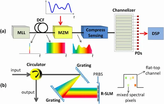 Fig. 1. RF spectrum sensing scheme based on temporal channelization and compressive sensing. (a) Schematic diagram showing mode-locked laser (mll), dispersion compensating fiber (dcf), Mach-zehnder modulator (mzm), photodector (pd) and digital signal processor (dsp); (b) Compressive sensing module based on optical mixing using a reflective spatial light modulator (r-slm) with a pseudo-random bit sequence (prbs) input.