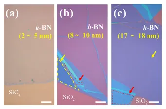 Optical images of h-BN films with different thicknesses on a SiO2/Si substrate (the SiO2 layer is 300 nm).