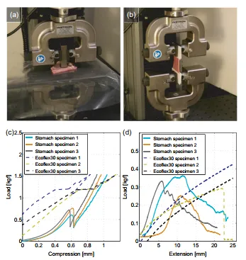Fig. 3. Tissue testing and stiffness characteristics. (a-b) Experimental outlook with Instron Machine; compressive stress measurement (in a), and extension measurement (in b). (c) Stiffness of biological pig stomach tissue and Ecoflex 00-30 samples during compressive tests, (d) Stiffness of biological pig stomach tissue and Ecoflex 00-30 samples during tensile tests.