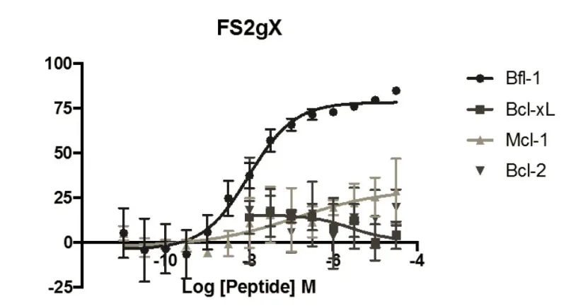 The BH3 profiling assay detects MOMP by monitoring JC-1 fluorescence in permeabilized cells treated with different peptides. Graphs of the BH3 profiling of FS2gX. Error bars indicate the standard deviation over 3 or more replicates