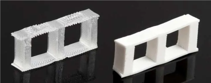 Two three-block filters with the same dimensions are pictured. The filter on the left is printed with pure SIS polymer. The filter on the right contains 26% Al2O3.