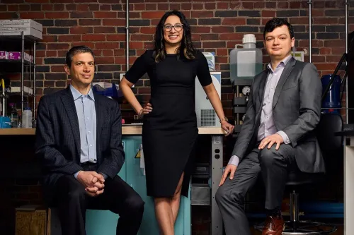 Co-founded by Professor Jeff Grossman (left), Shreya Dave ’09, SM ’12, PhD ’16 (center), and Brent Keller PhD ’16, Via Separations has developed a technology that can eliminate 90 percent of the energy used in thermal separations.