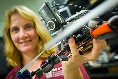 One of the speakers at TechConnect World, Mary (Missy) Cummings — associate professor of aeronautics and astronautics and and engineering systems — holds a UAV she uses in her projects.